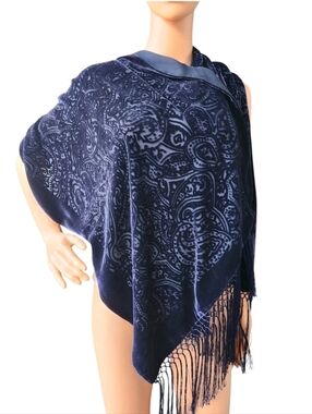 Vintage Navy Blue Burnout Velvet Paisley Fringe Shawl Wrap Long Scarf Boho 70x20